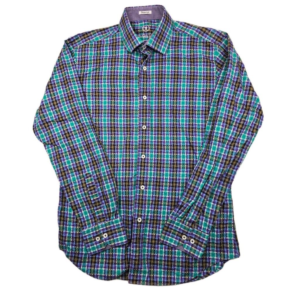 Bugatchi Uomo Geometric Shirt Mens Medium Purple Teal Cotton Shaped Fit Button